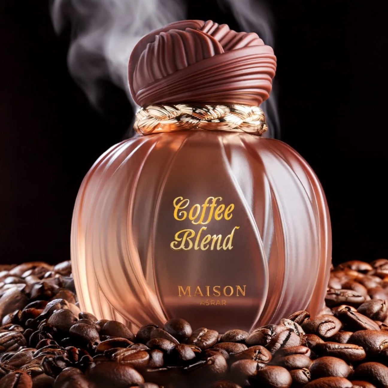 Maison Asrar Coffee Blend perfume sample - affogato-inspired fragrance styled in a soft, dessert-focused setting.