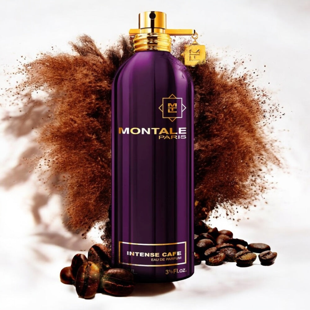 Montale Intense Café perfume sample - coffee and rose perfume styled in a decadent coffee setting.