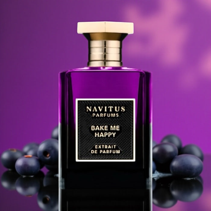Navitus Bake Me Happy perfume sample – blueberry, cinnamon and vanilla butter notes styled in a warm bakery-inspired setting.