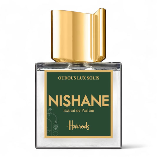 Nishane Oudous Lux Solis fragrance sample – honeyed oud with tropical fruits and patchouli, pictured 100ml full‑size bottle