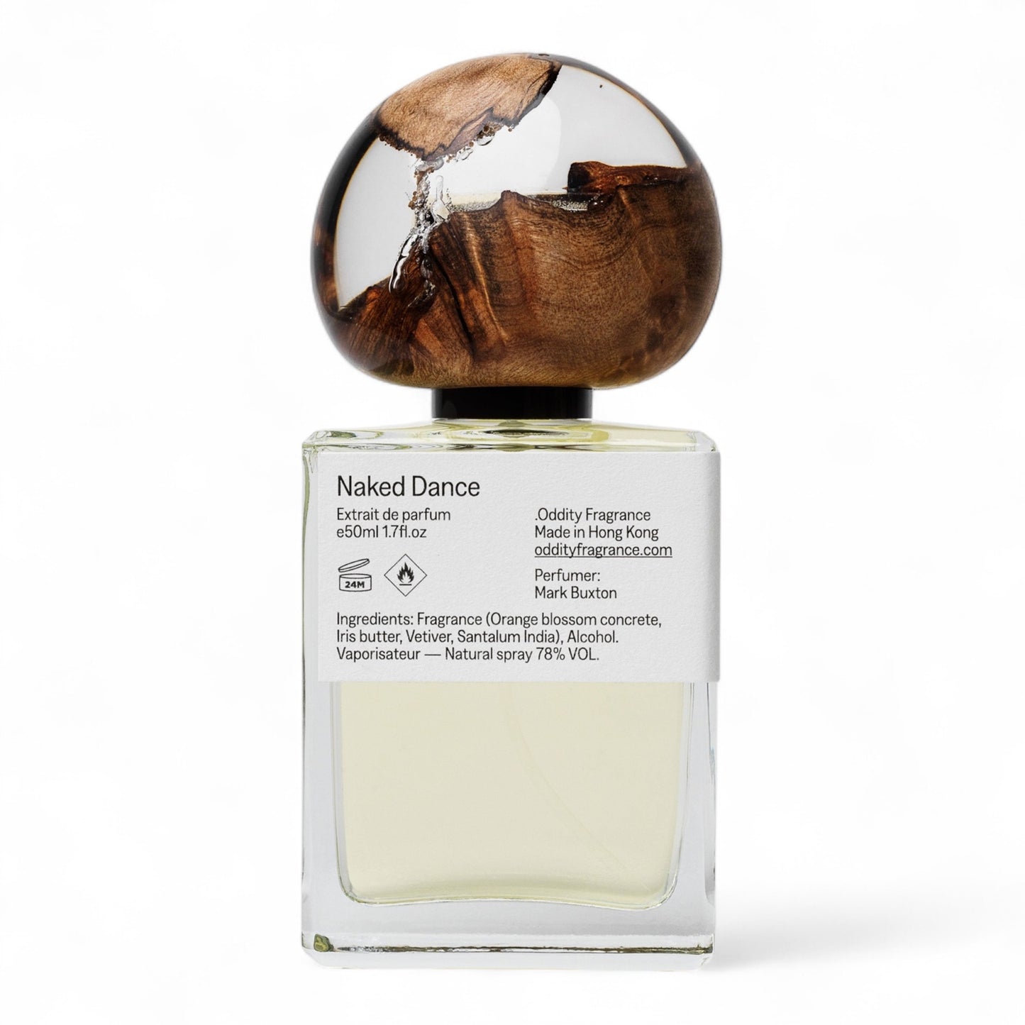 Oddity Naked Dance fragrance sample - warm powdery scent with orange blossom, rice and sandalwood, pictured full 50ml bottle