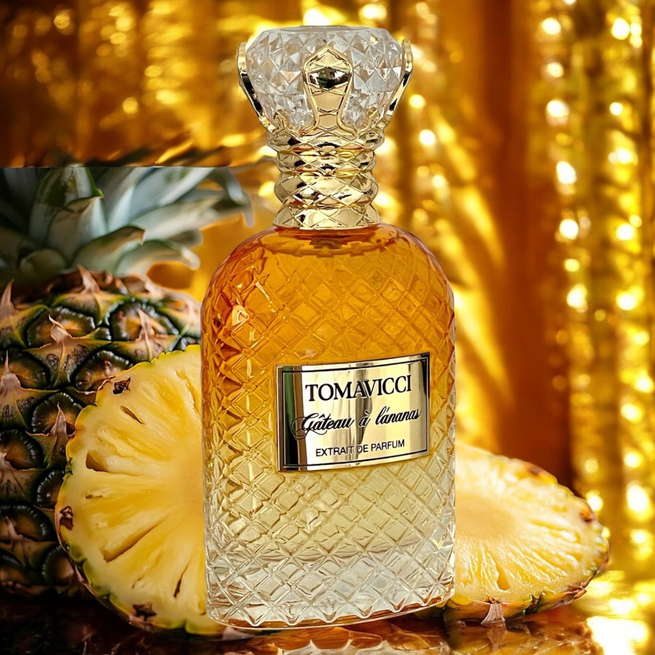 Gâteau à l’ananas perfume sample by Tomavicci – bottle styled in a pastry-inspired setting with tropical dessert notes.