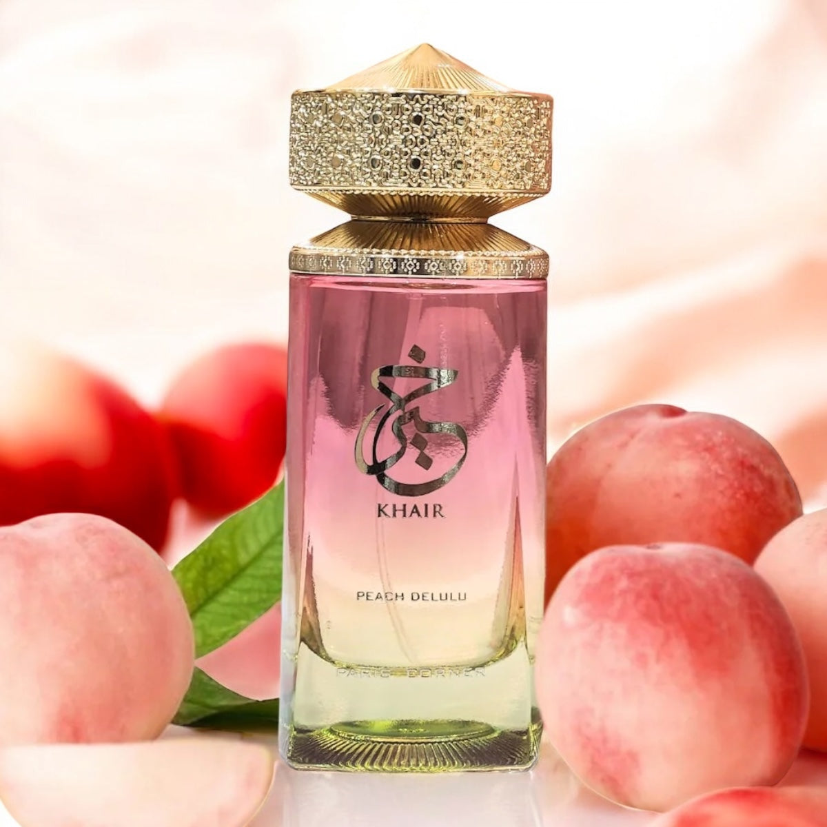 Paris Corner Khair Peach Delulu perfume sample - juicy peach, guava and caramel fragrance styled in a fruity setting