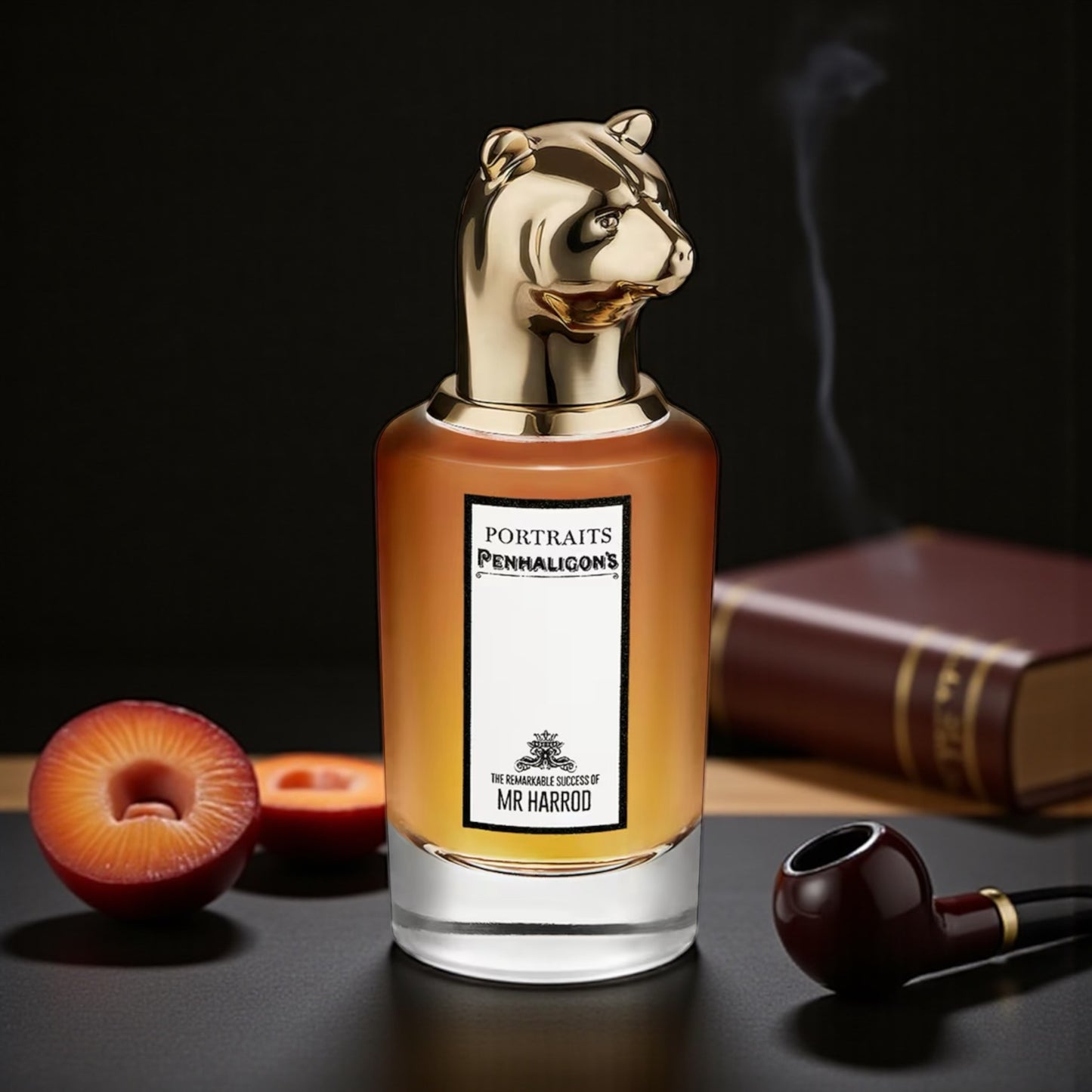 Penhaligon’s The Remarkable Success of Mr. Harrod perfume sample – plum, oud, and tobacco notes styled in a rich, sophisticated setting.