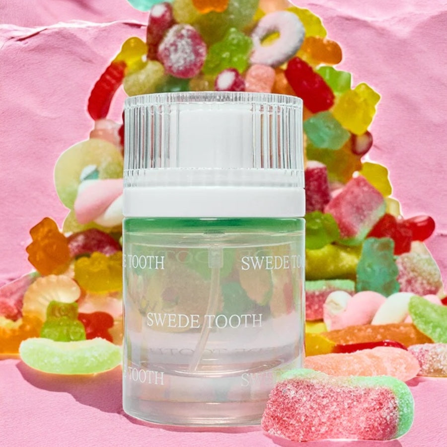 Snif Swede Tooth perfume sample – juicy watermelon and candy sugar captured in a fun, sweet gummy lifestyle setting