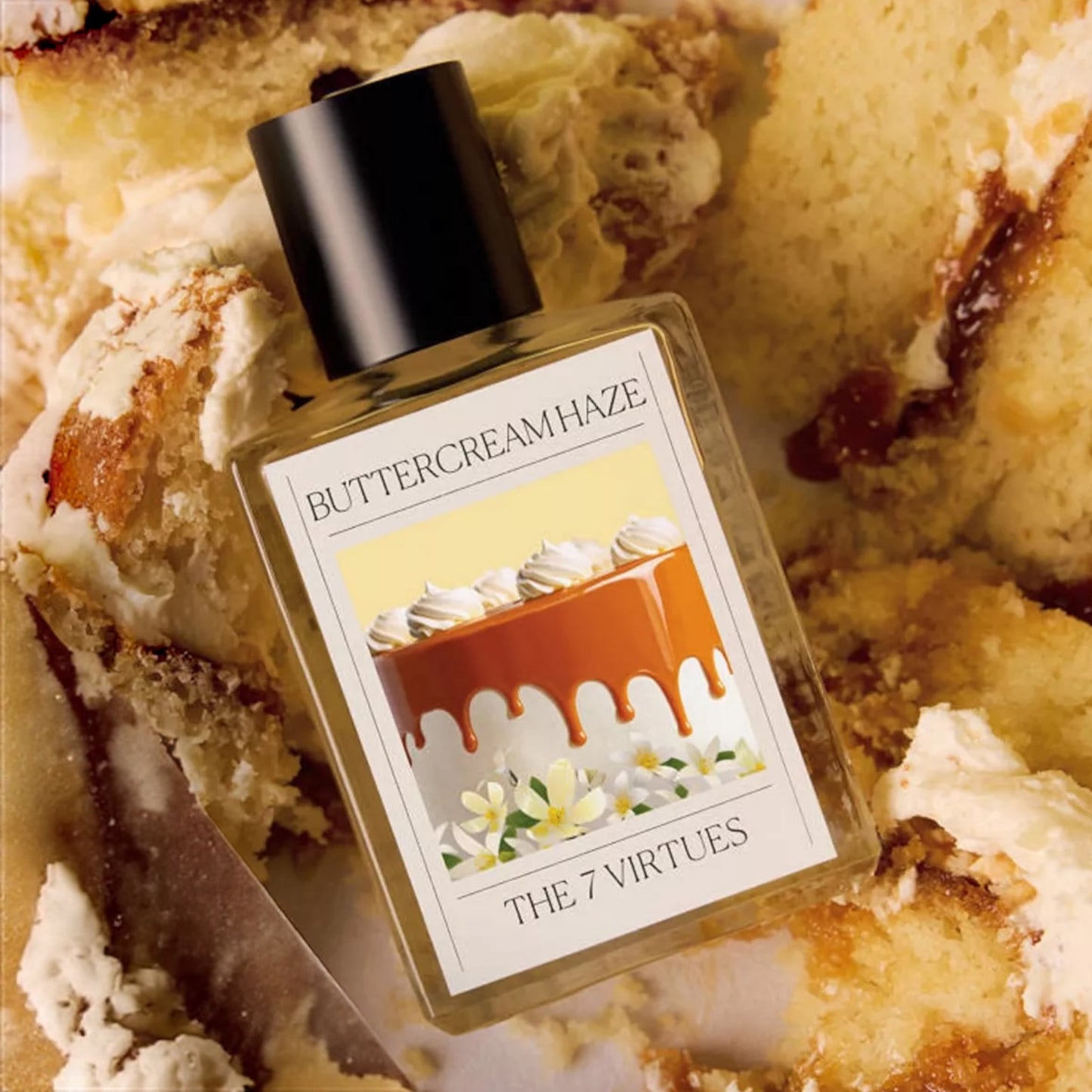 The 7 Virtues Buttercream Haze perfume sample – vanilla, caramel, and tonka bean notes styled in a warm, dessert-inspired setting.