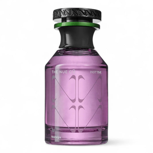 The Nue Co Past Time fragrance sample – retail bottle shown for decanting into 1ml–10ml samples.