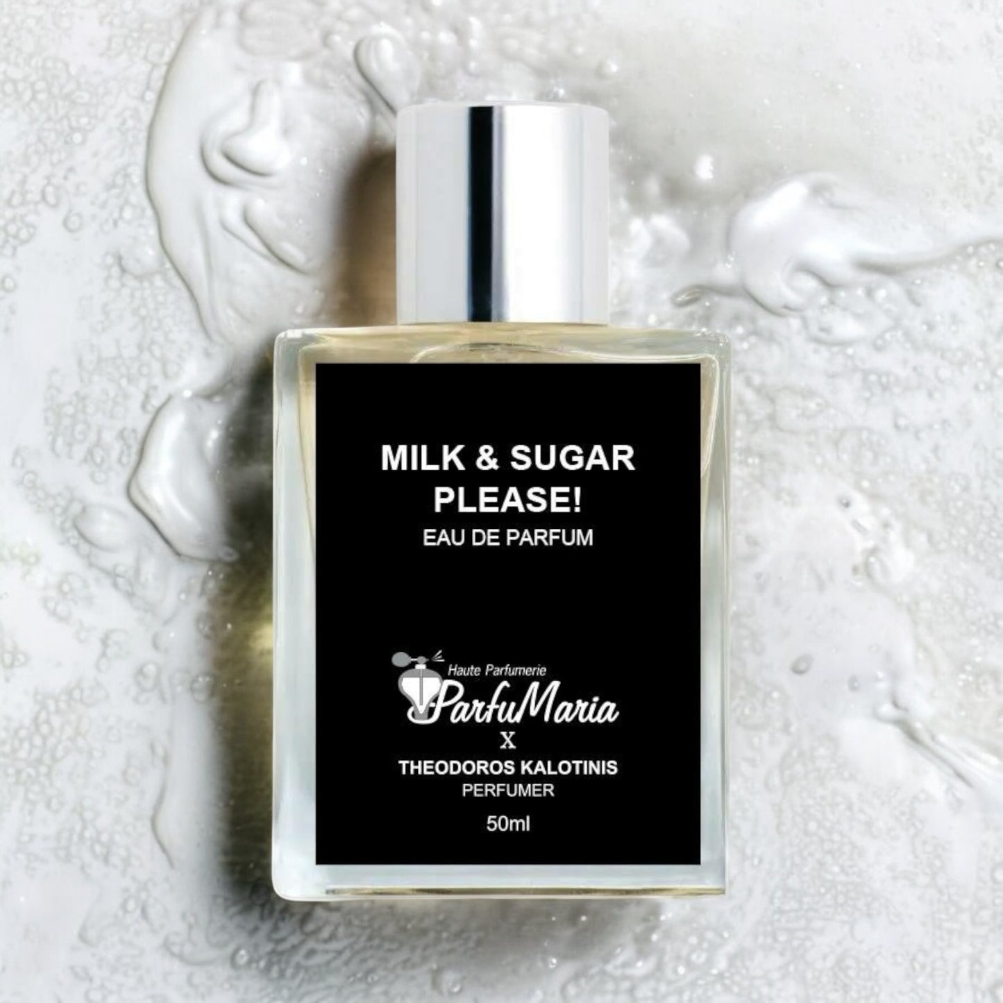 Theodoros Kalotinis Milk & Sugar Please! fragrance sample – warm milk and sugary gourmand fragrance styled in a cozy milky setting.