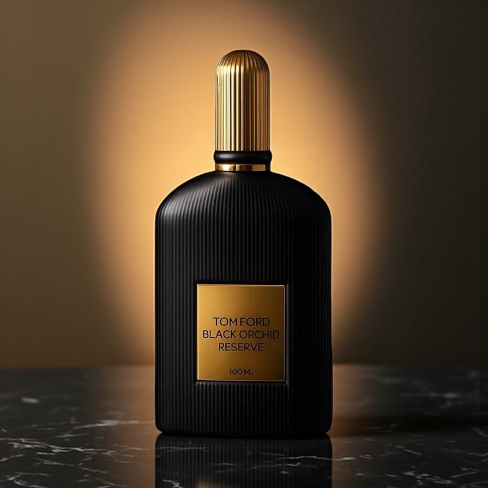 Tom Ford Black Orchid Reserve perfume bottle against a dark, floral background with golden light accents