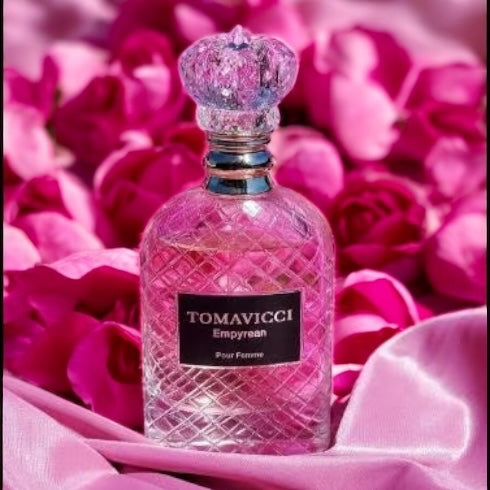 Empyrean perfume sample by Tomavicci – bottle styled with warm light and floral notes, evoking elegance and soft incense.
