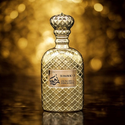Zenobia perfume sample by Tomavicci – bottle styled with dark florals and rich textures evoking vanilla, leather and rose