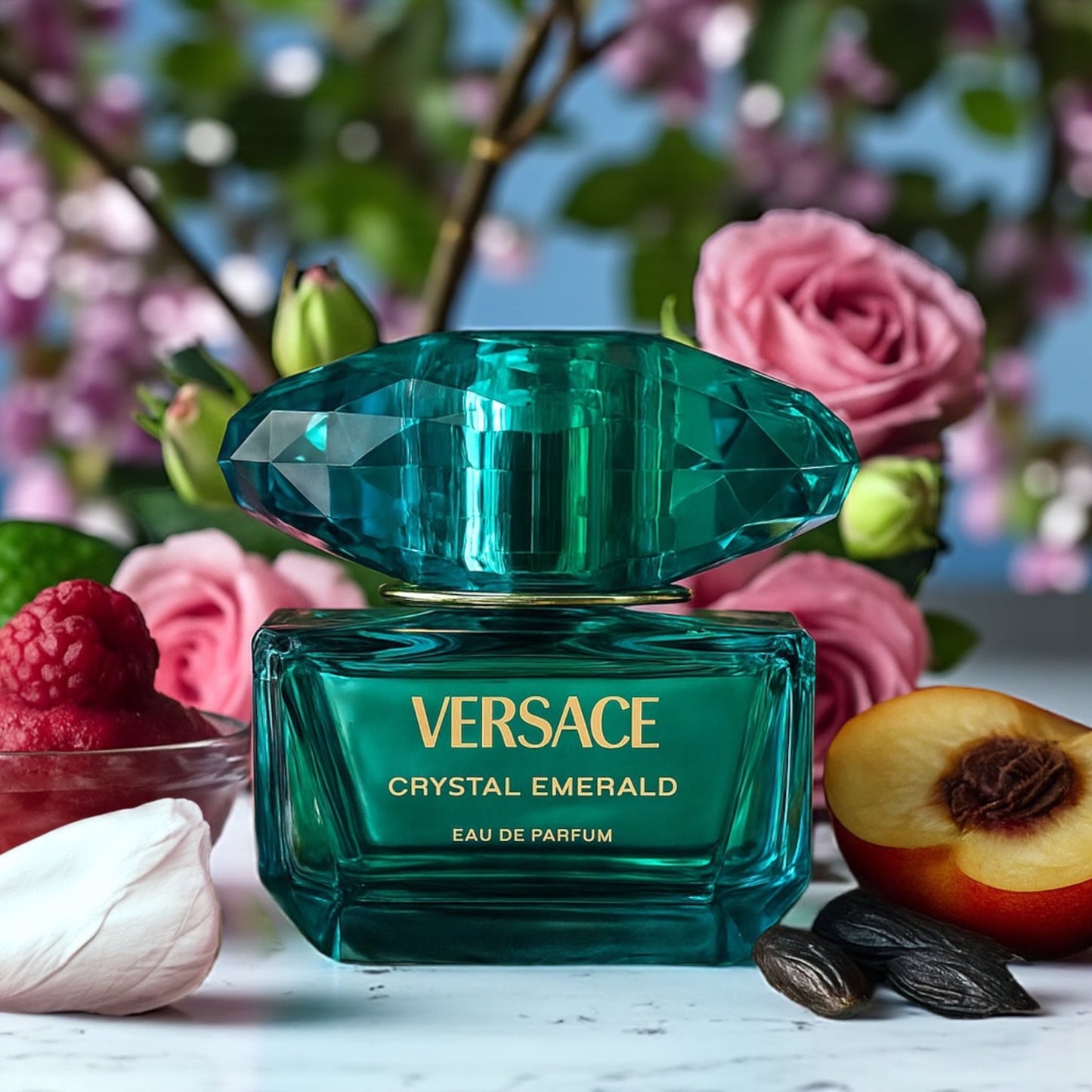 Versace Crystal Emerald perfume sample – green rose, peach and musk notes styled in a radiant floral and fruiy setting.