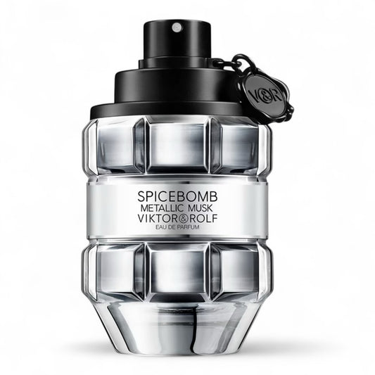 Viktor & Rolf Spicebomb Metallic Musk fragrance sample - clean musky suede scent with black pepper. 90ml bottle shown.