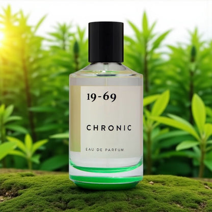 19-69 Chronic perfume sample – green herbal and woody notes styled with natural textures and leafy tones.