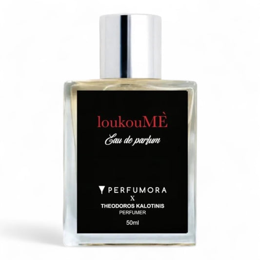 A sample of Theodoros Kalotinis LoukouMÈ, a soft gourmand fragrance inspired by Cypriot loukoumi, with notes of rosewater, marshmallow, and creamy vanilla.