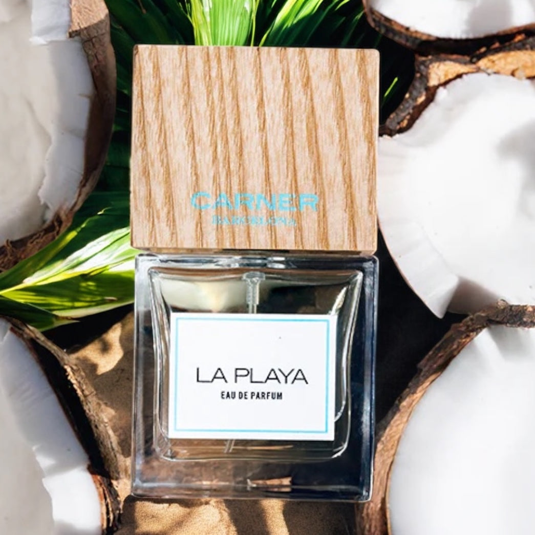 Close-up of La Playa decant – creamy, sun-warmed scent with vanilla and musk.