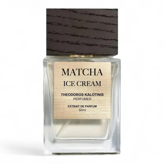 A decant of Theodoros Kalotinis Matcha Ice Cream, a fresh gourmand perfume with matcha tea, vanilla, and waffle cone, available in fragrance samples.