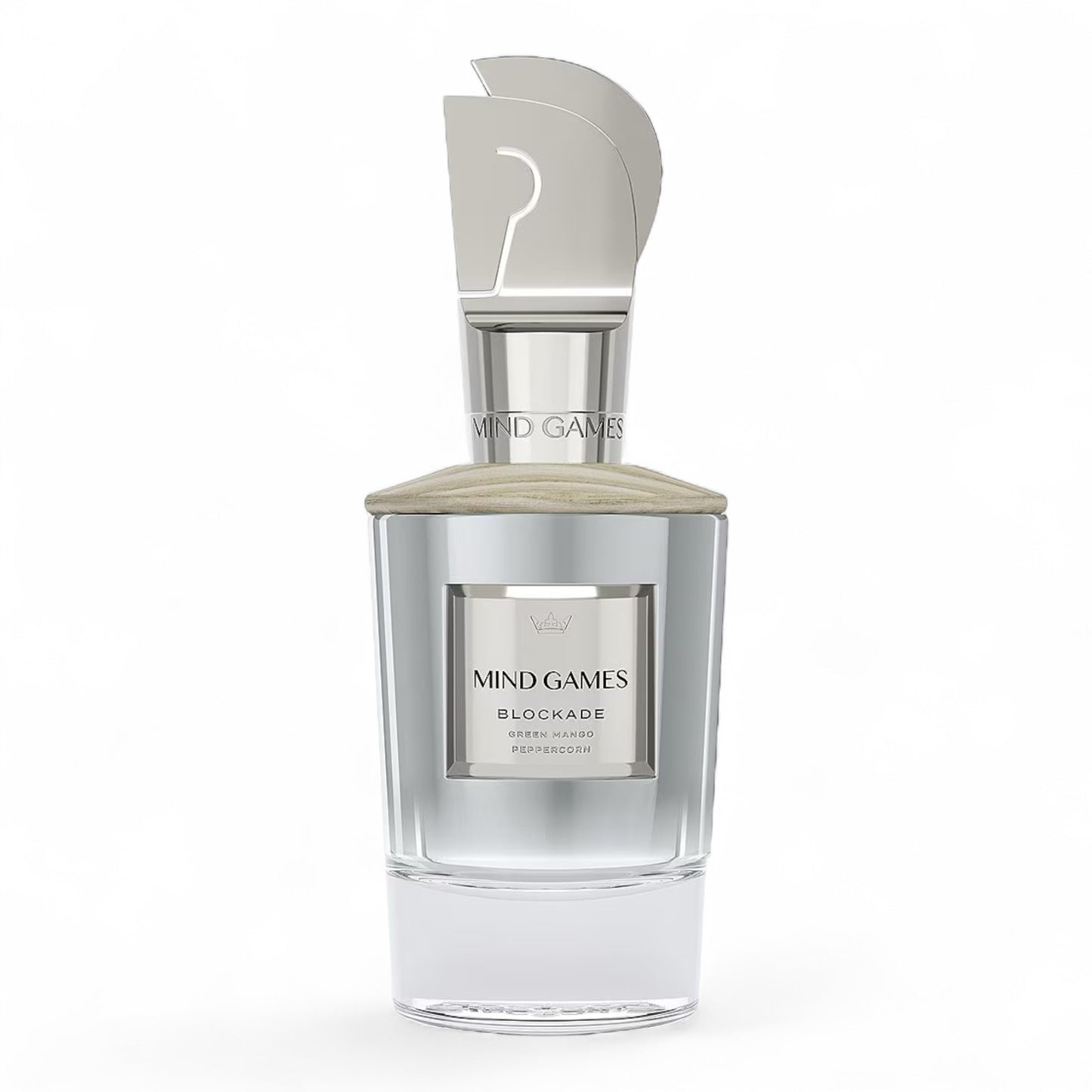 Close-up of Mind Games Blockade sample vial, highlighting the tropical mango and leathery fragrance profile.