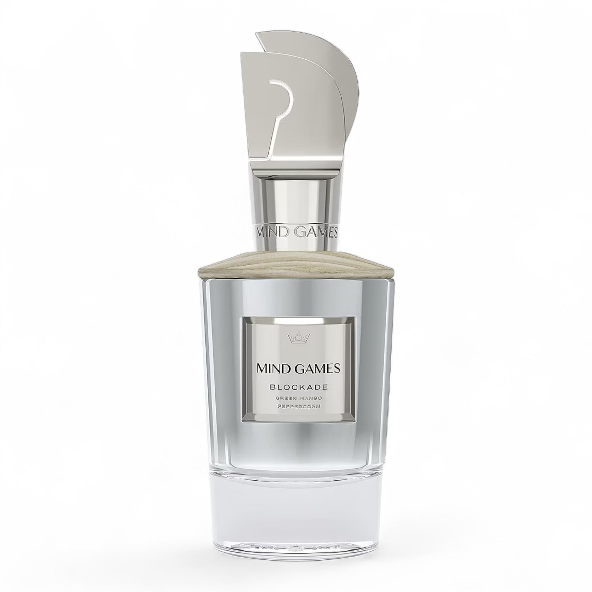 Close-up of Mind Games Blockade sample vial, highlighting the tropical mango and leathery fragrance profile.