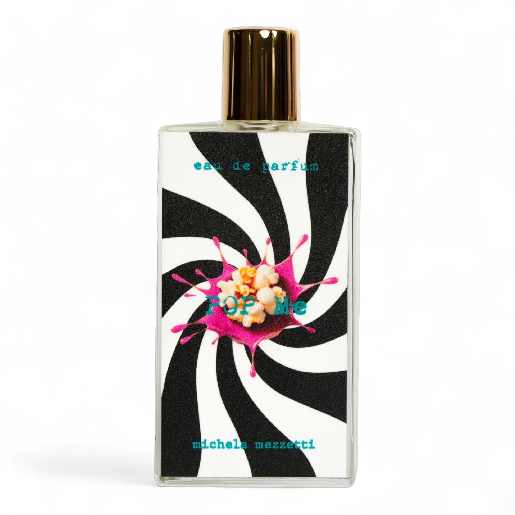 Michela Mezzetti Pop Me sample bottle with popcorn, pink icing, and cotton candy to evoke a playful gourmand mood.