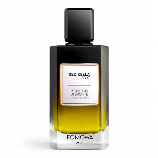 A decant of Fomowa Paris Red Keela Split, a gourmand fragrance blending Italian citrus, Indian red banana, pistachio dessert, and caramel, available in perfume samples