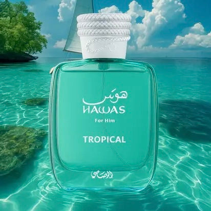 Close-up of Hawas Tropical decant – aromatic green fragrance with mint and musk.