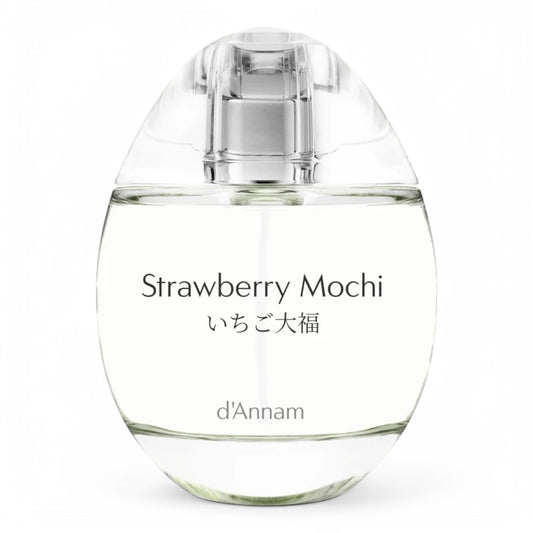 A decant of d’Annam Strawberry Mochi, a gourmand fragrance featuring strawberry, glutinous rice, red bean paste, and vanilla, available in perfume samples