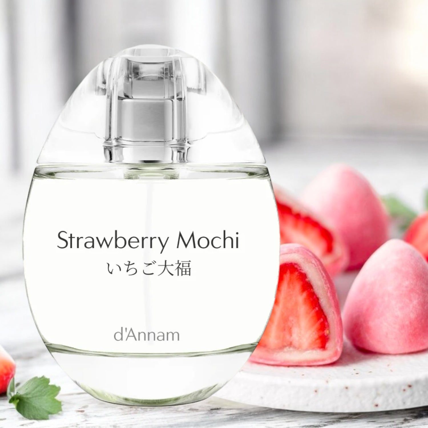Close-up of a fragrance sample of Strawberry Mochi, highlighting its creamy, fruity, and sweet notes reminiscent of the Japanese dessert, perfect for gourmand lovers