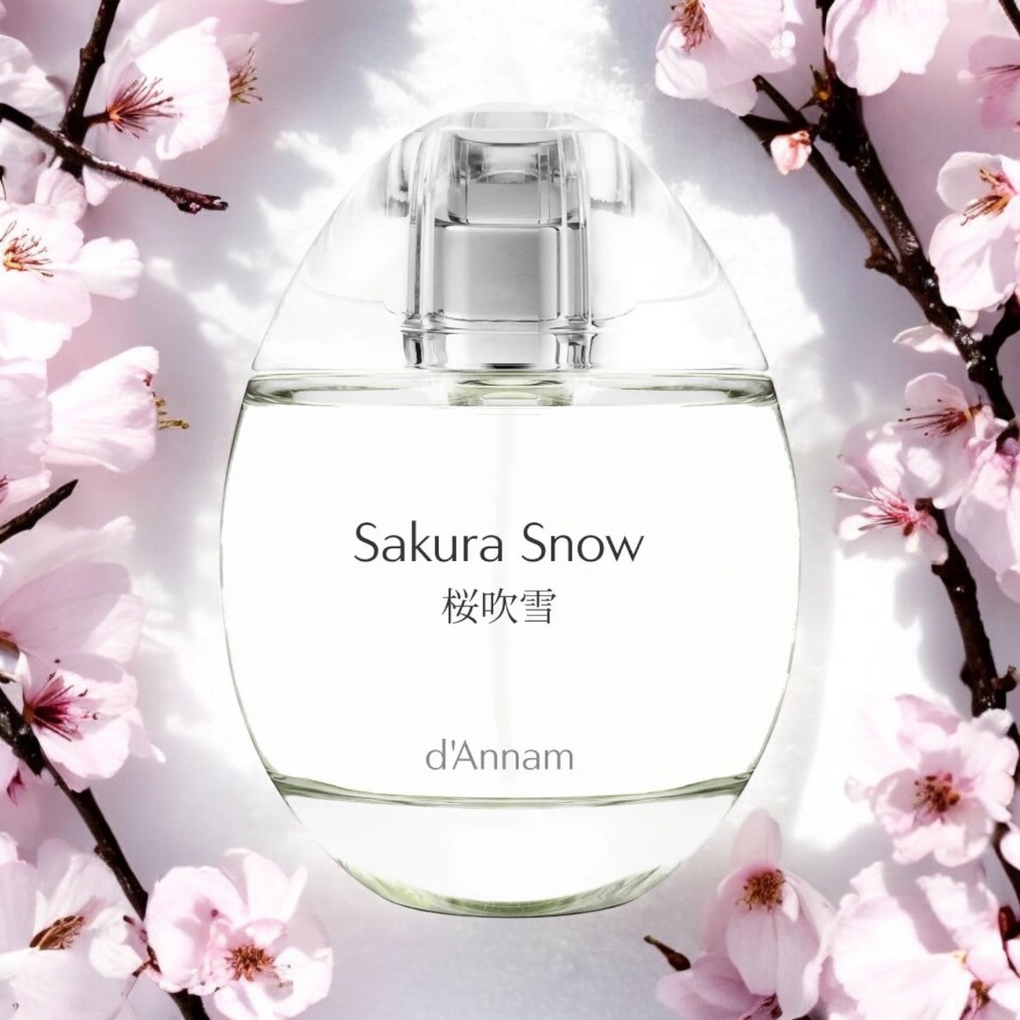 Close-up of a fragrance sample of Sakura Snow, highlighting its fresh, floral, and airy notes inspired by the beauty of sakura in winter