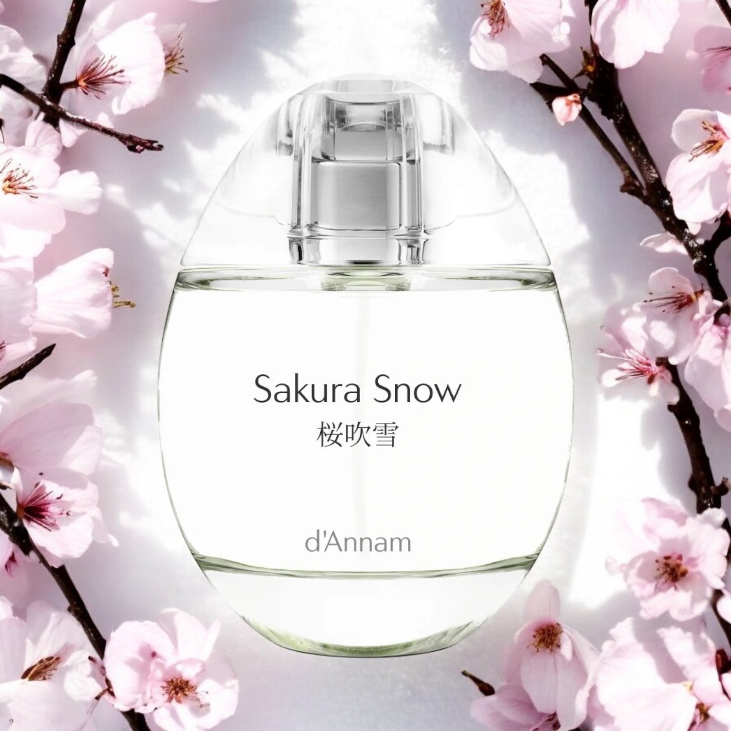 Close-up of a fragrance sample of Sakura Snow, highlighting its fresh, floral, and airy notes inspired by the beauty of sakura in winter