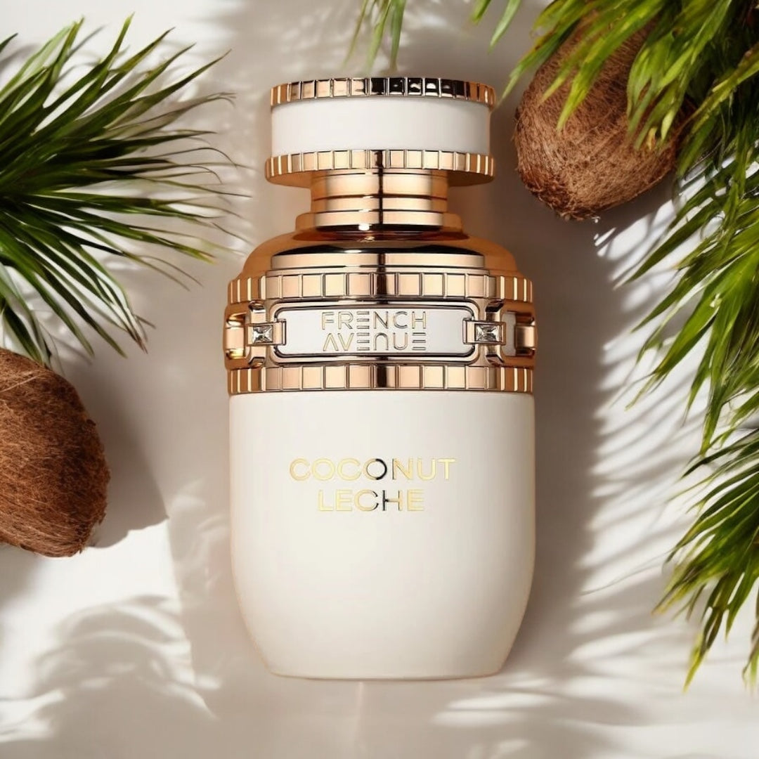 Close-up of a fragrance sample of Coconut Leche, highlighting its tropical coconut, floral tuberose, and warm vanilla notes for a sweet and cozy scent