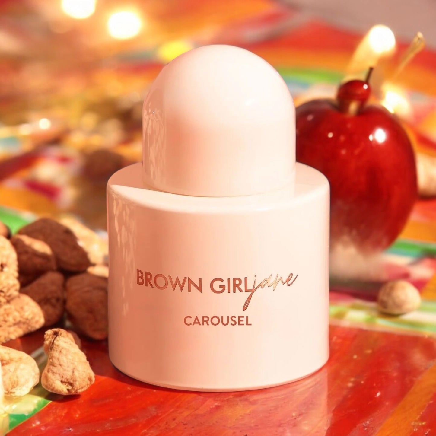 Close-up of a fragrance sample of Carousel, highlighting its gourmand, fruity, and musky notes for a nostalgic yet sophisticated scent