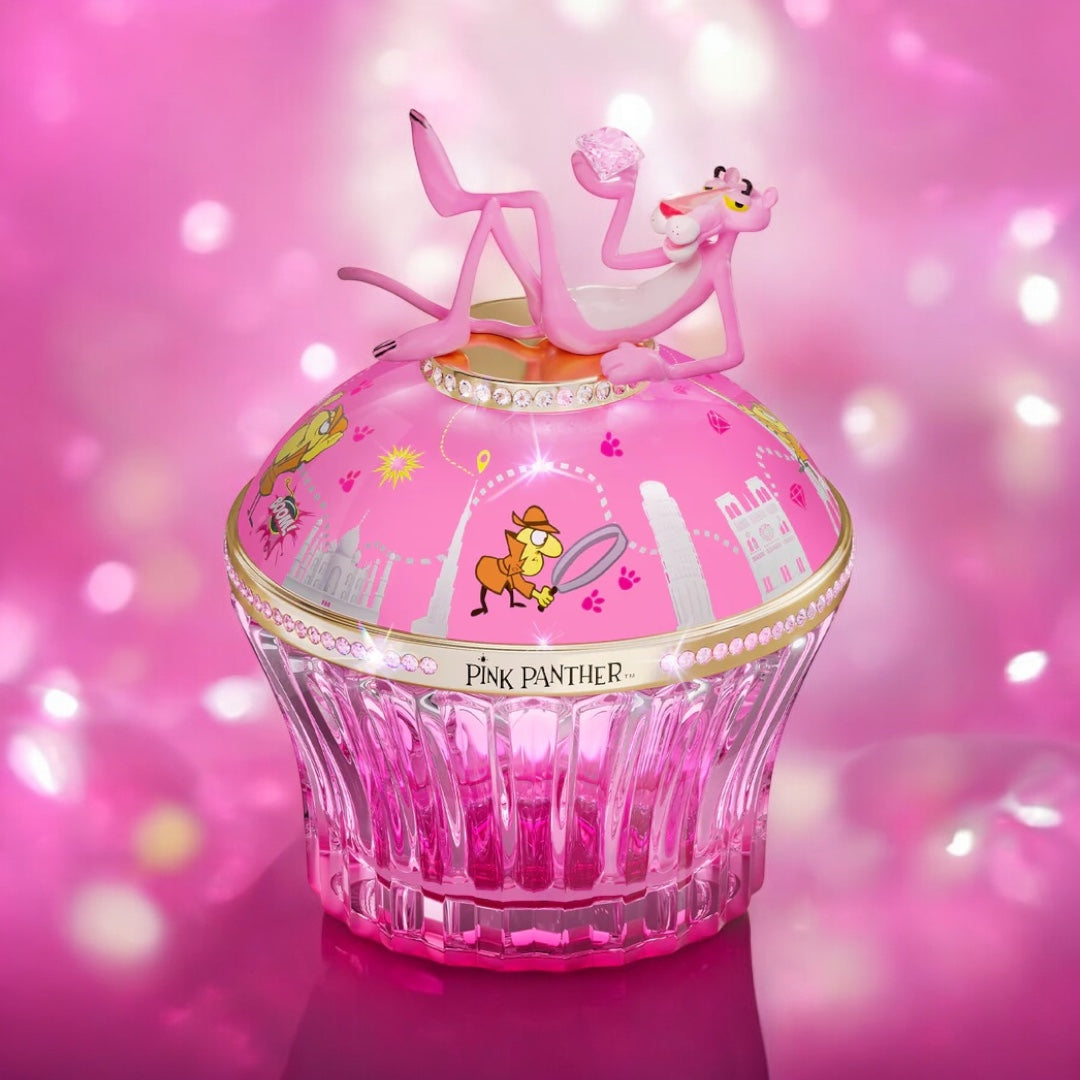 Close-up of a fragrance sample of Pink Panther, highlighting its sweet, floral, and musky notes for a fun and luxurious scent experience.