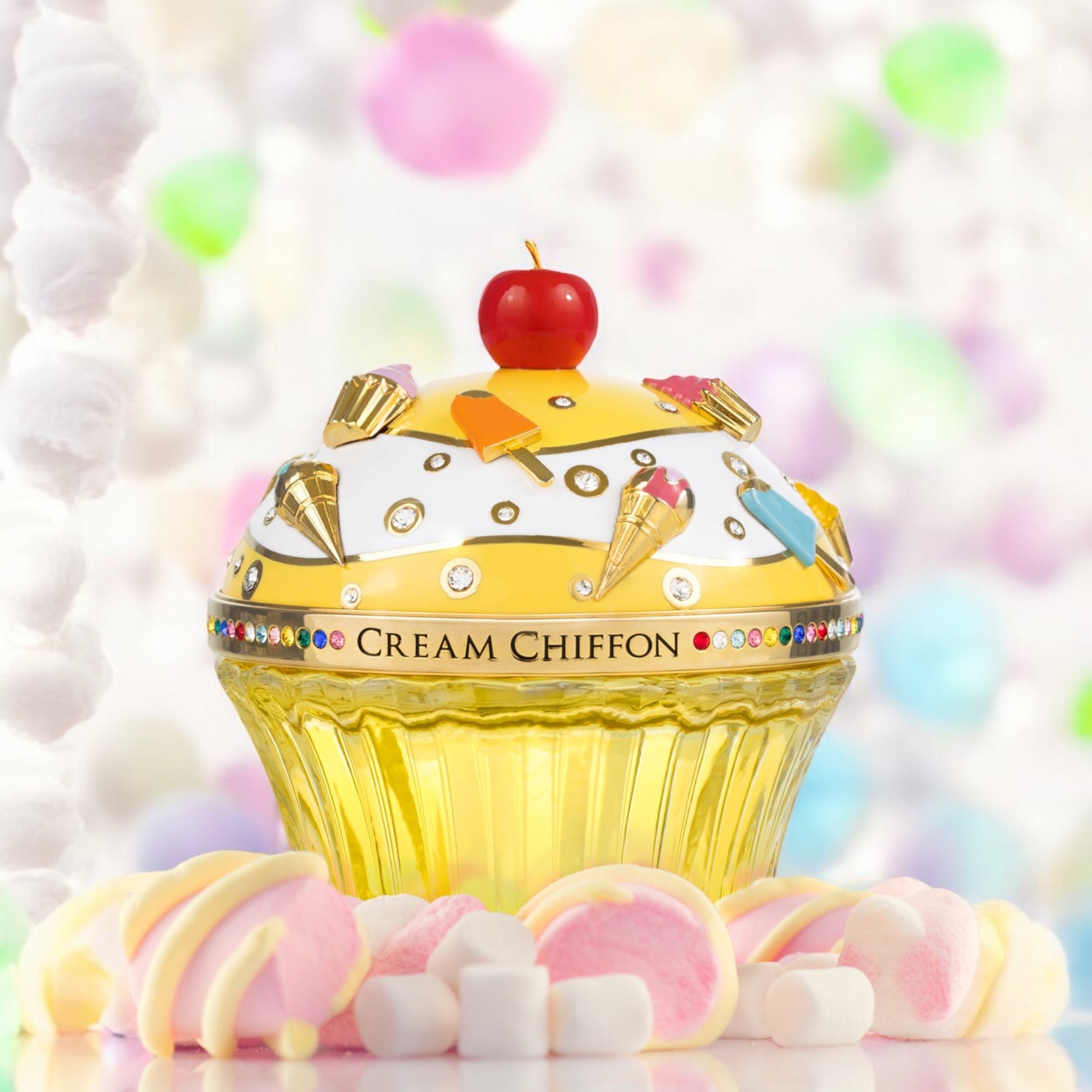 Close-up of a fragrance sample of Cream Chiffon, highlighting its blend of citrus, whipped vanilla, and creamy woods for a blissful scent experience.