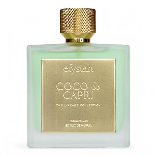A decant of Elysian Coco & Capri, a marine fruity-floral fragrance with coconut, pear, and sandalwood, available in perfume samples.