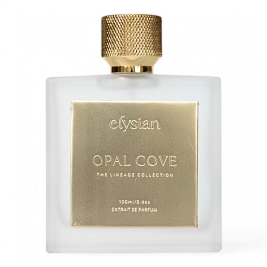 A decant of Elysian Opal Cove, an aquatic gourmand fragrance with green coconut, vanilla, and sea salt, available in perfume samples.
