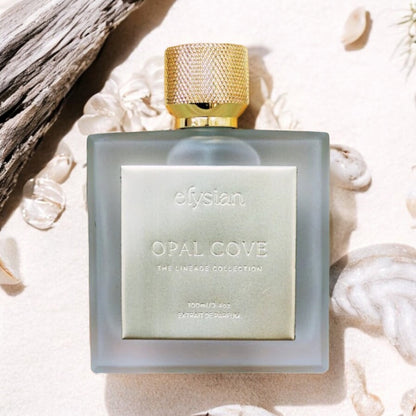 Close-up of a fragrance sample of Opal Cove, highlighting its beachy, creamy, and mineral notes for a tranquil coastal scent experience.