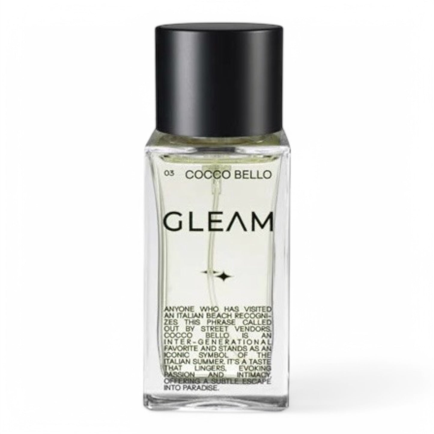 A decant of GLEAM Cocco Bello, a tropical gourmand fragrance with coconut, banana smoothie, and sea breeze, available in perfume samples.