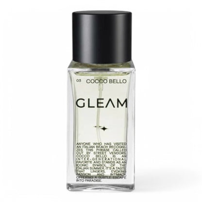 A decant of GLEAM Cocco Bello, a tropical gourmand fragrance with coconut, banana smoothie, and sea breeze, available in perfume samples.