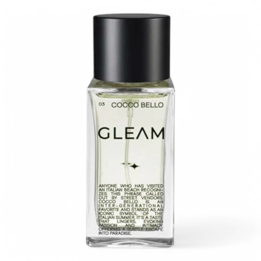 A decant of GLEAM Cocco Bello, a tropical gourmand fragrance with coconut, banana smoothie, and sea breeze, available in perfume samples.
