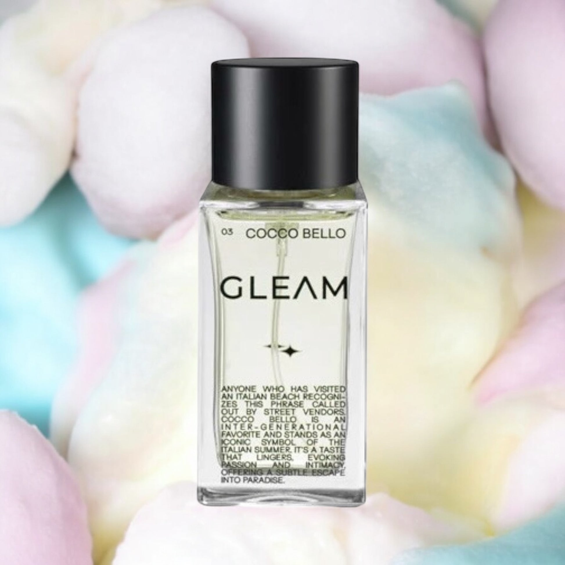 Close-up of a fragrance sample of Cocco Bello, highlighting its sunny, beachy, and sweet notes inspired by Italian summer nostalgia.