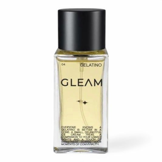 A decant of GLEAM Gelatino, a sweet gourmand fragrance with vanilla, hazelnut, and wafer, available in perfume samples