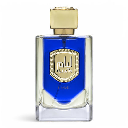 A decant of Lattafa Liam Blue Shine, a fresh aromatic aquatic fragrance with bergamot, marine notes, and musk, available in perfume samples.