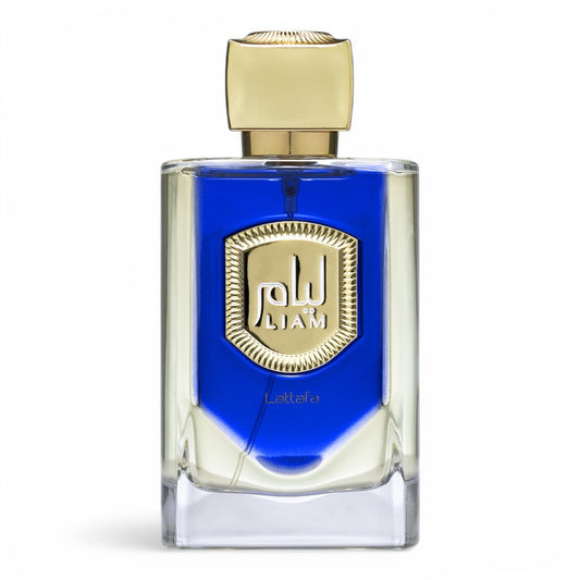 A decant of Lattafa Liam Blue Shine, a fresh aromatic aquatic fragrance with bergamot, marine notes, and musk, available in perfume samples.