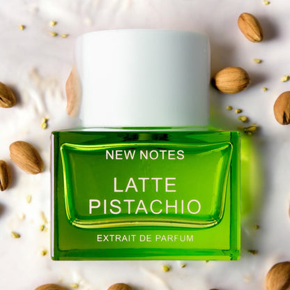 Close-up of a fragrance sample of Latte Pistachio, highlighting its nutty, milky, and spiced notes for a cozy scent experience.