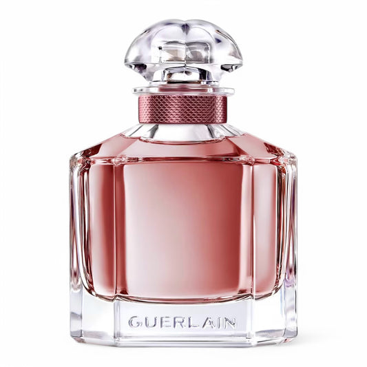 A decant of Mon Guerlain Intense, a woody amber fragrance with vanilla, lavender, and patchouli, available in perfume samples.