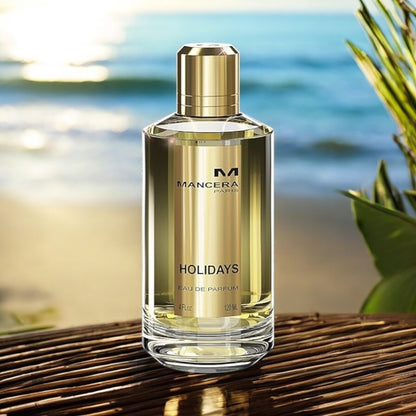 Close-up of a fragrance sample of Holidays by Mancera, highlighting its creamy coconut, marine air, and soft musky base.