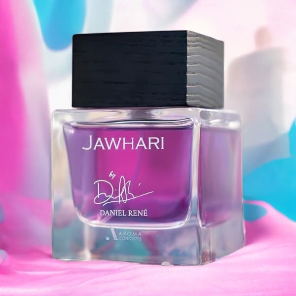 Close-up of a fragrance sample of Jawhari, highlighting its cotton candy top, warm coffee heart, and creamy vanilla base.