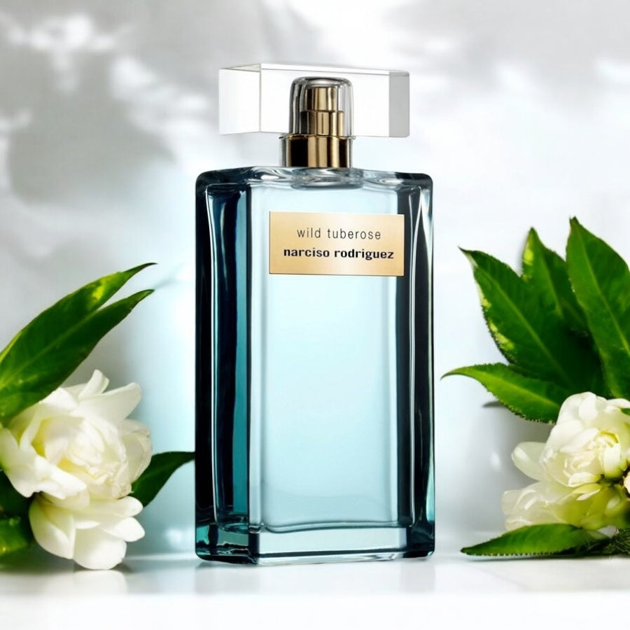 Close-up of a fragrance sample of Wild Tuberose, highlighting its velvety floral notes and musky amber base.