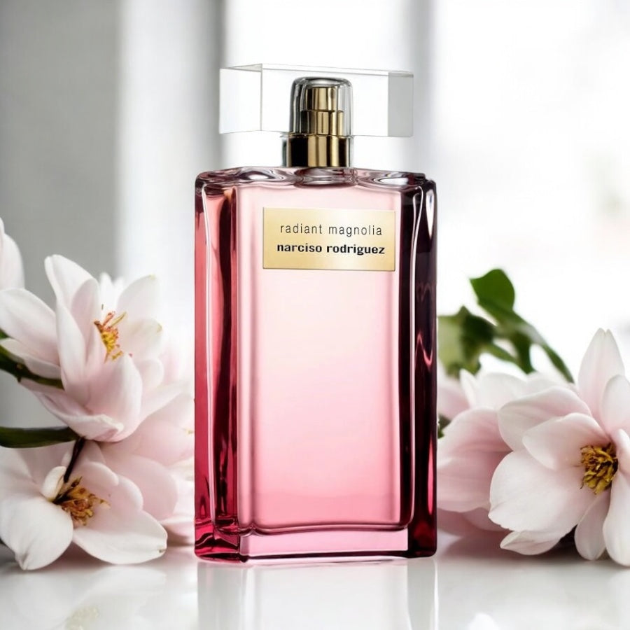 Close-up of a fragrance sample of Radiant Magnolia, highlighting its powdery magnolia, fresh florals, and sensual musc base.